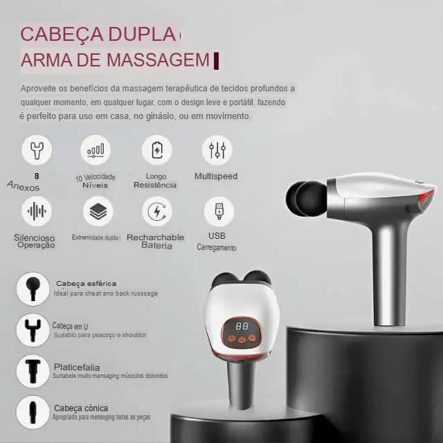 Pistola Massageadora Muscular Profissional Elétrica Cabeça Dupla 10 Acessórios em 1