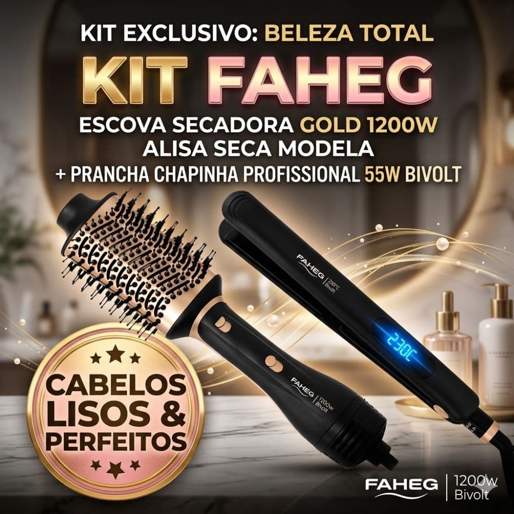 Kit Faheg - Escova Secadora Gold 1200w Alisa Seca Modela + Prancha Chapinha Profissional 55w Bivolt Cabelos Lisos