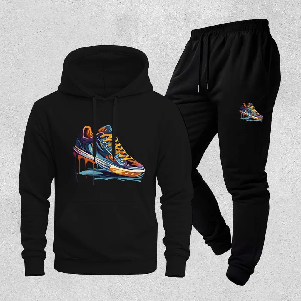 Conjunto Moletom Masculino Tênis Blusa De Frio Canguru Bolso e Capuz + Calça Moletom Estampados Unissex Outono/Inverno
