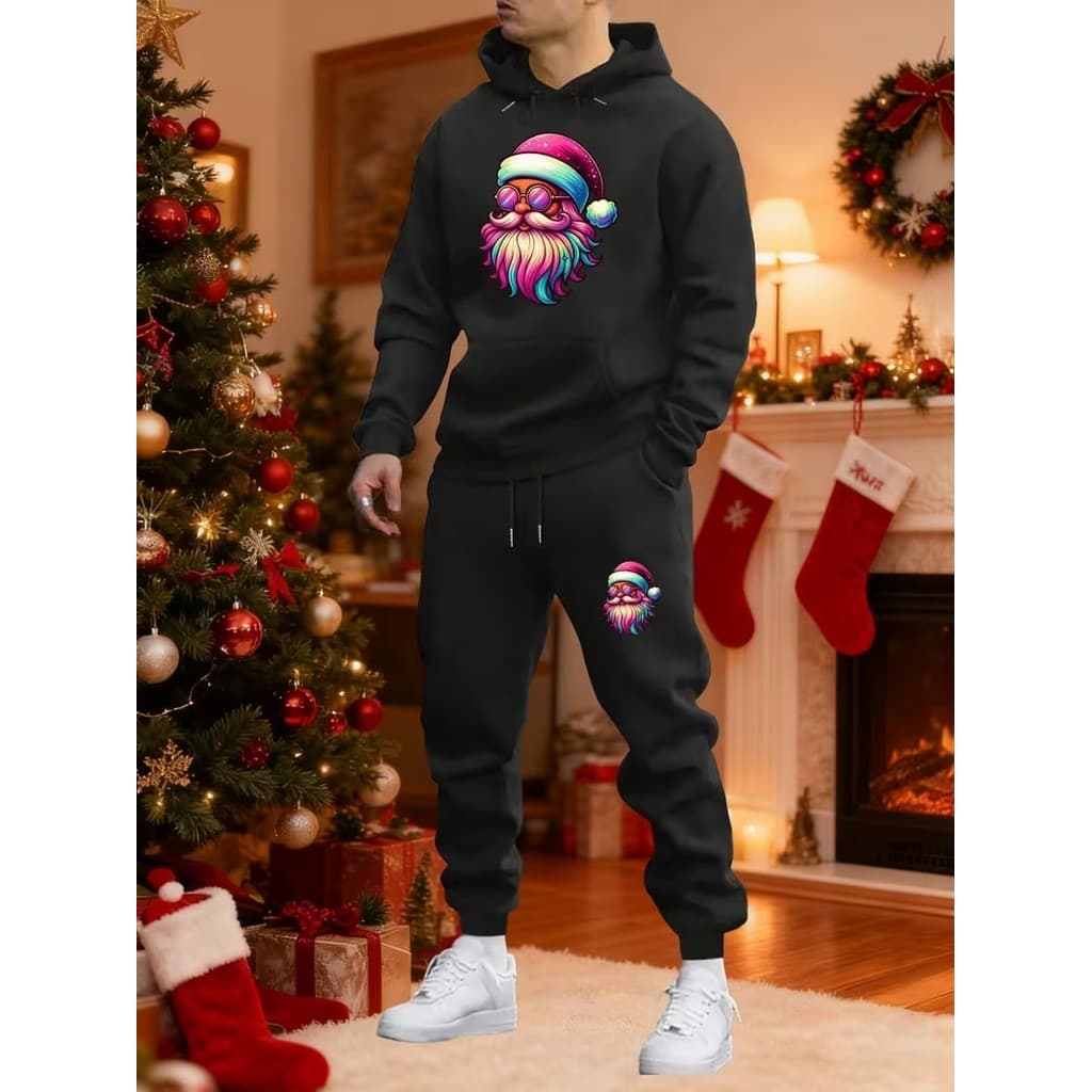 Conjunto Moletom Canguru Masculino Noel colorido Blusa De Frio + Calça Moletom Estampados Unissex Outono/Inverno