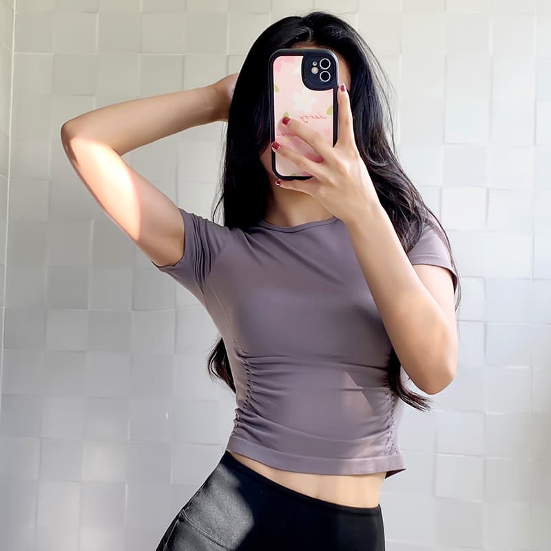 Roupas de Yoga plissadas de cintura estreita de manga curta feminina nova Casual cor sólida All-Match roupas de Fitness 