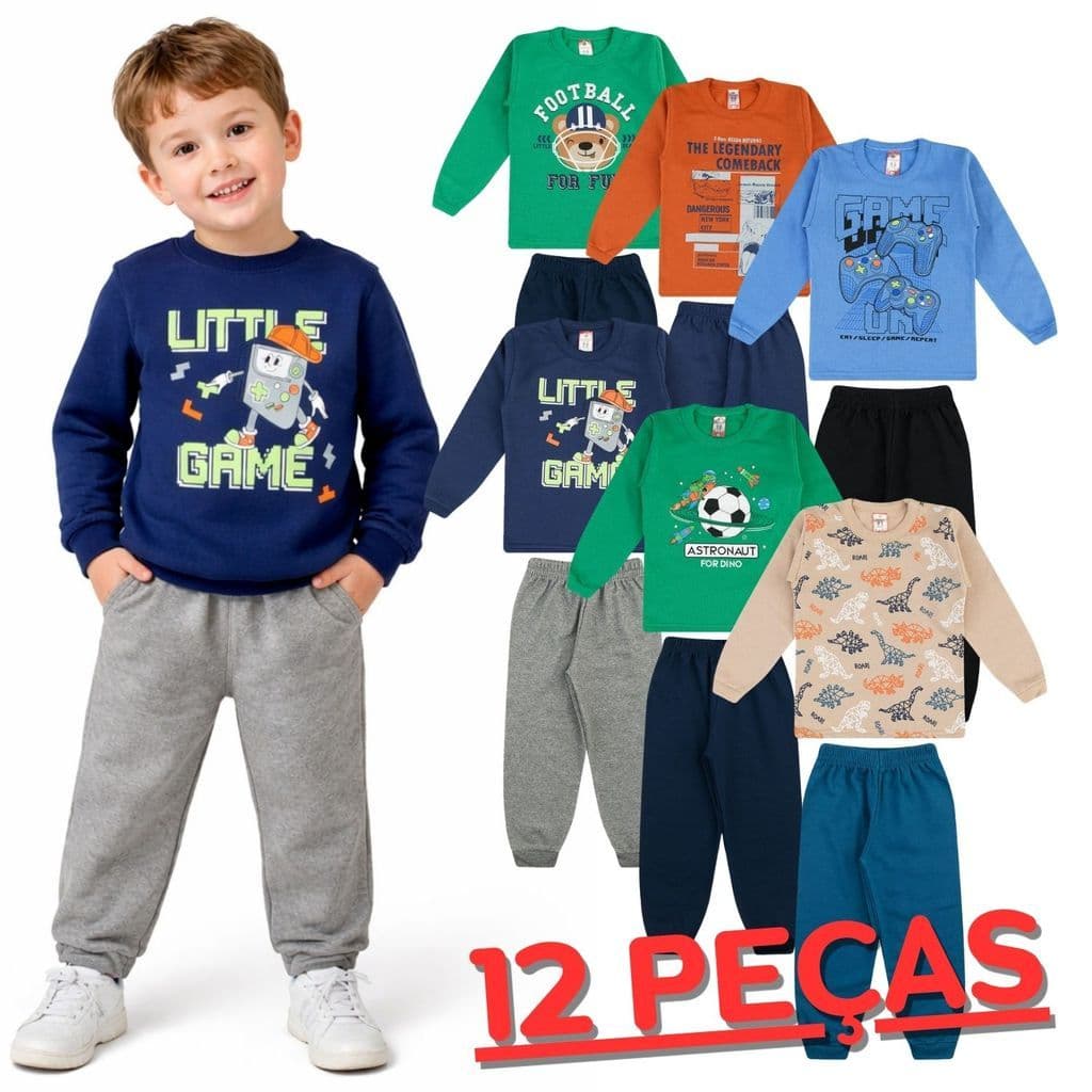 Kit 12 Peças 6 Conjunto Moletom Infantil Menino Cleomara Frio Outono Inverno Algodão