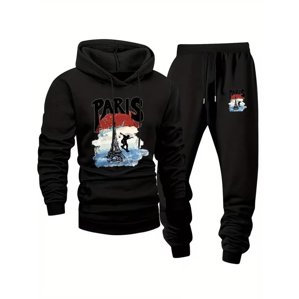 Conjunto Moletom Canguru Masculino Paris Blusa De Frio + Calça Moletom Estampados Unissex Outono/Inverno