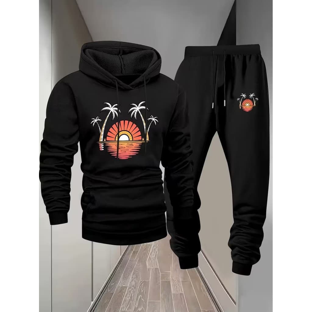 Conjunto Moletom Canguru Masculino Por Do Sol Blusa De Frio + Calça Moletom Estampados Unissex Outono/Inverno