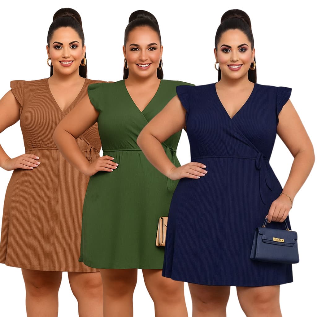 Vestido Feminino Transpassado com Ajuste na Cintura Plus Size Canelado Confortável Para o Dia a Dia