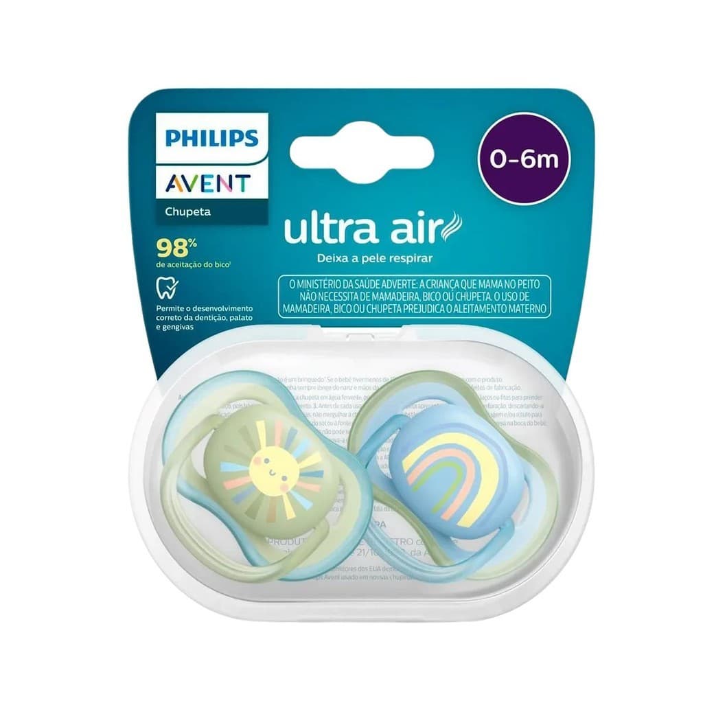 Chupeta Ultra Air Dupla 0 a 6 Meses Decorada Azul e Verde Philips Avent (SCF085/58)