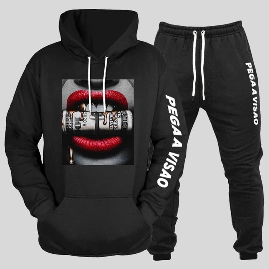 Conjunto Moletom Canguru Masculino Boca Dollar Blusa De Frio + Calça Moletom Estampados Unissex Outono/Inverno