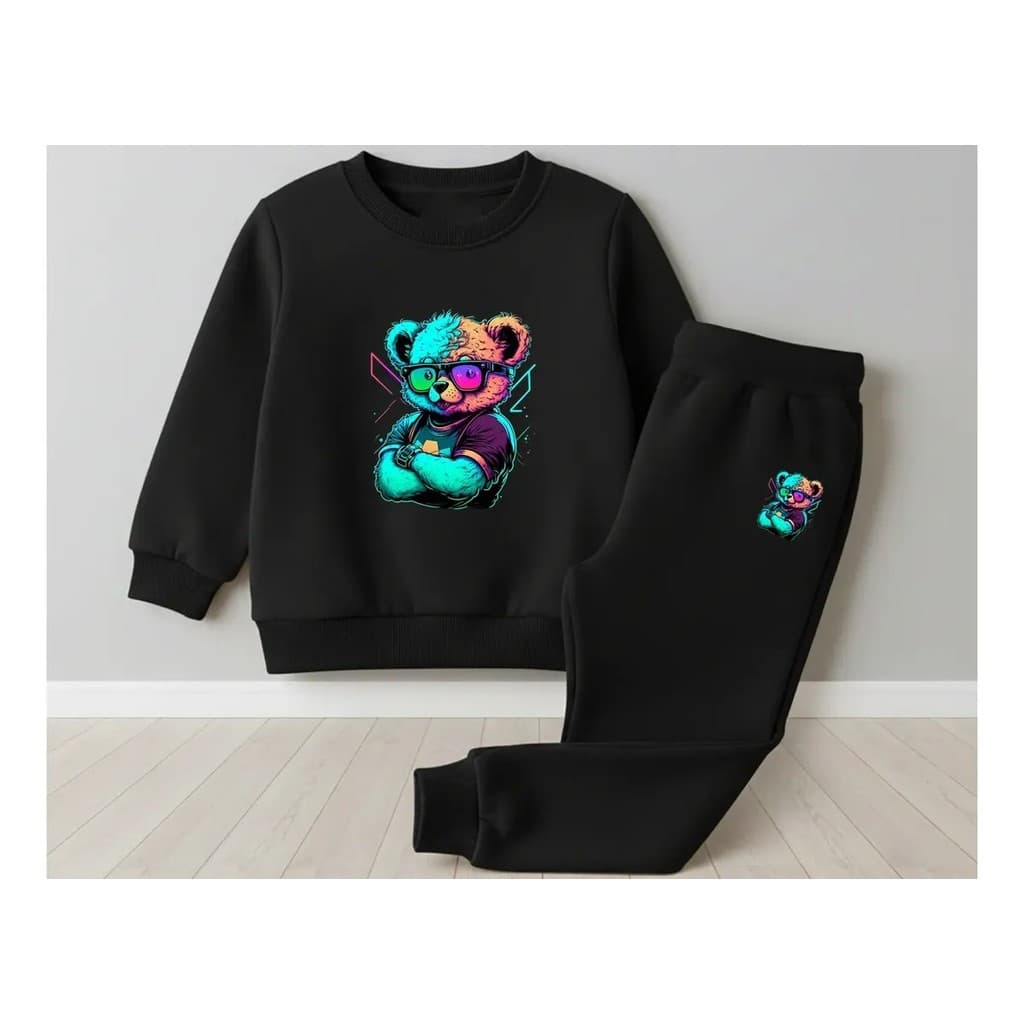 Conjunto Moletom Canguru  Masculino Urso Color Blusa De Frio + Calça Moletom Estampados Unissex Outono/Inverno