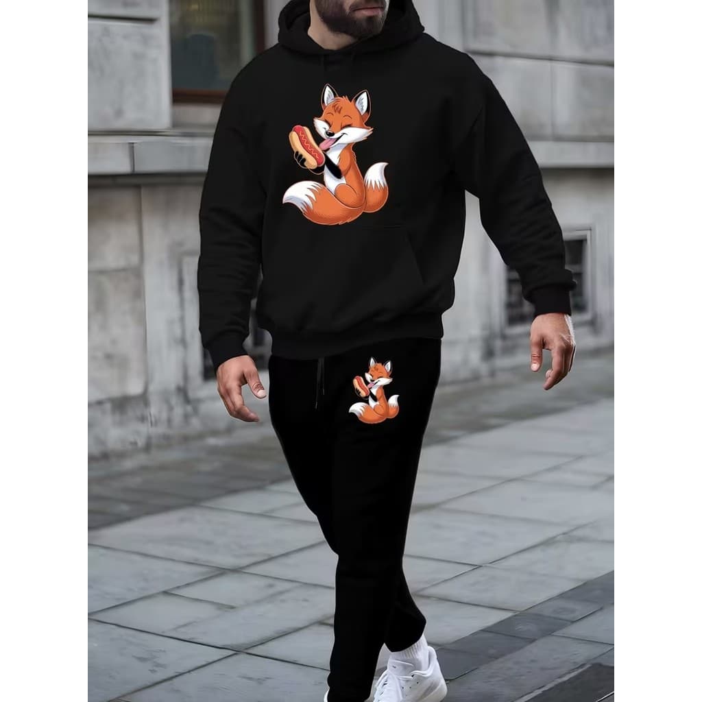 Conjunto Moletom Canguru Masculino Raposa E Hot Dog Blusa De Frio + Calça Moletom Estampados Unissex Outono/Inverno
