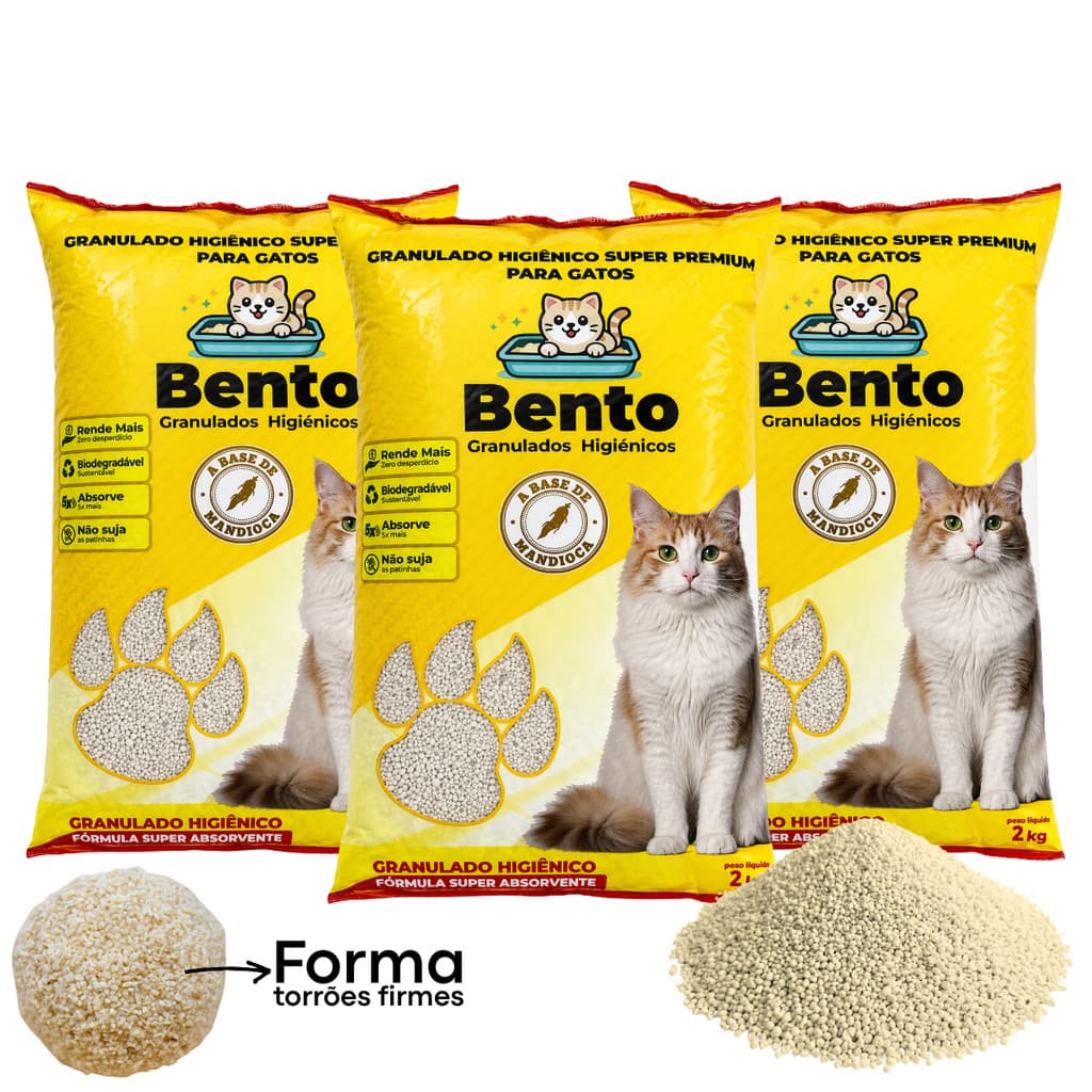 Kit 3 Areia Sanitária Higiênica Gatos Premium 100% Mandioca Natural Biodegradável Premium Bento 2Kg