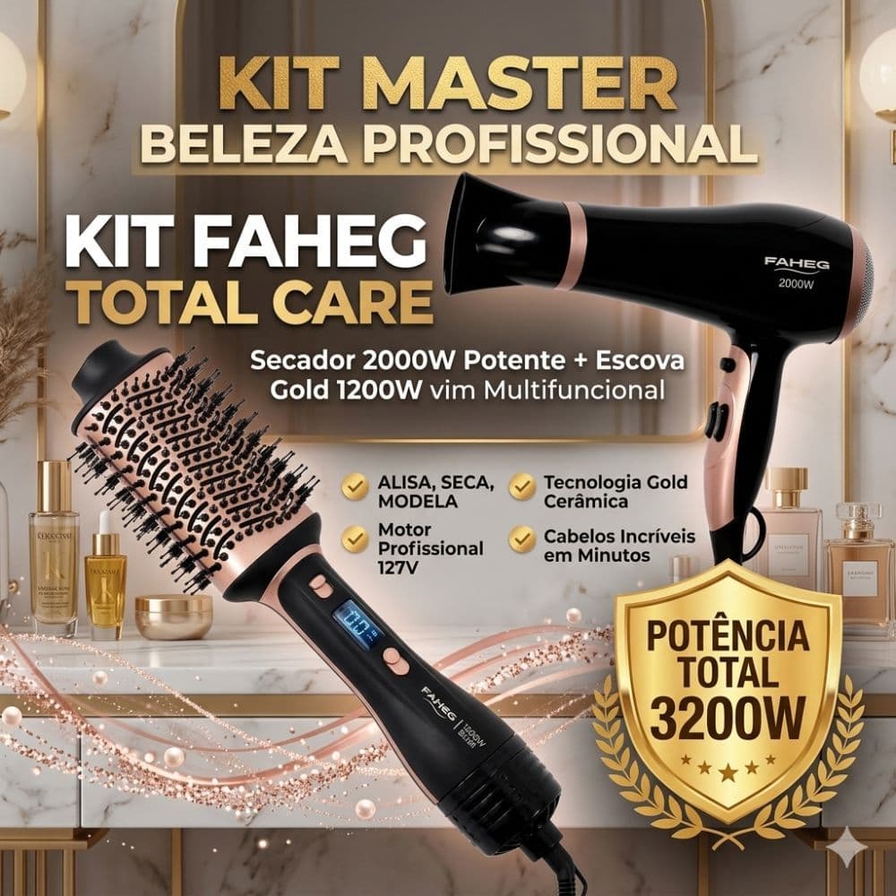 Kit Secador De Cabelo Faheg 2000w Profissional Potente 127v + Escova Secadora Faheg Gold 1200w Alisa Seca e Modela