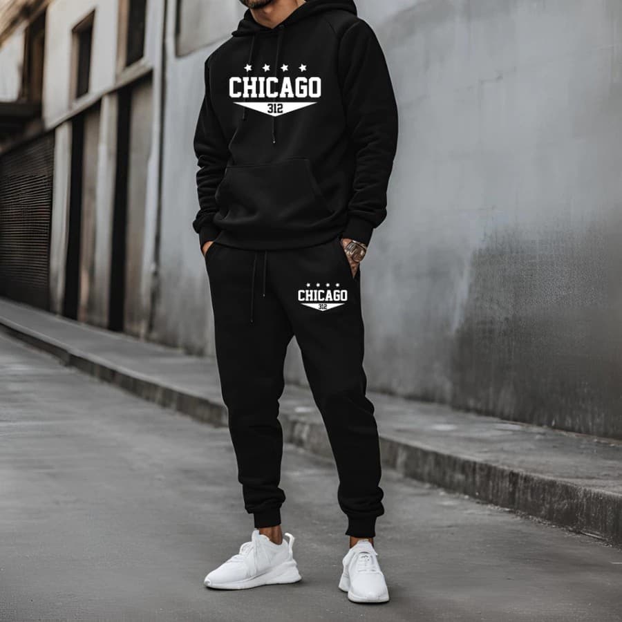 Conjunto Moletom Masculino Chicago Blusa De Frio Canguru Bolso e Capuz + Calça Moletom Estampados Unissex Outono/Inverno