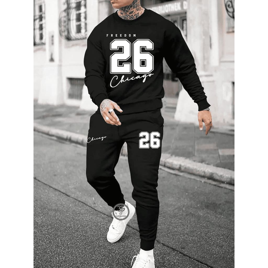 Conjunto Moletom Careca Masculino Freedom Chicago Blusa De Frio + Calça Moletom Estampados Unissex Outono/Inverno