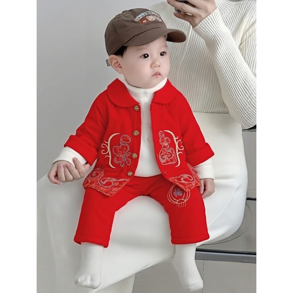 Bebê menino primavera roupas do bebê menina vermelho vestido festivo cem dias roupas de bebê dividir outono fino acolcho