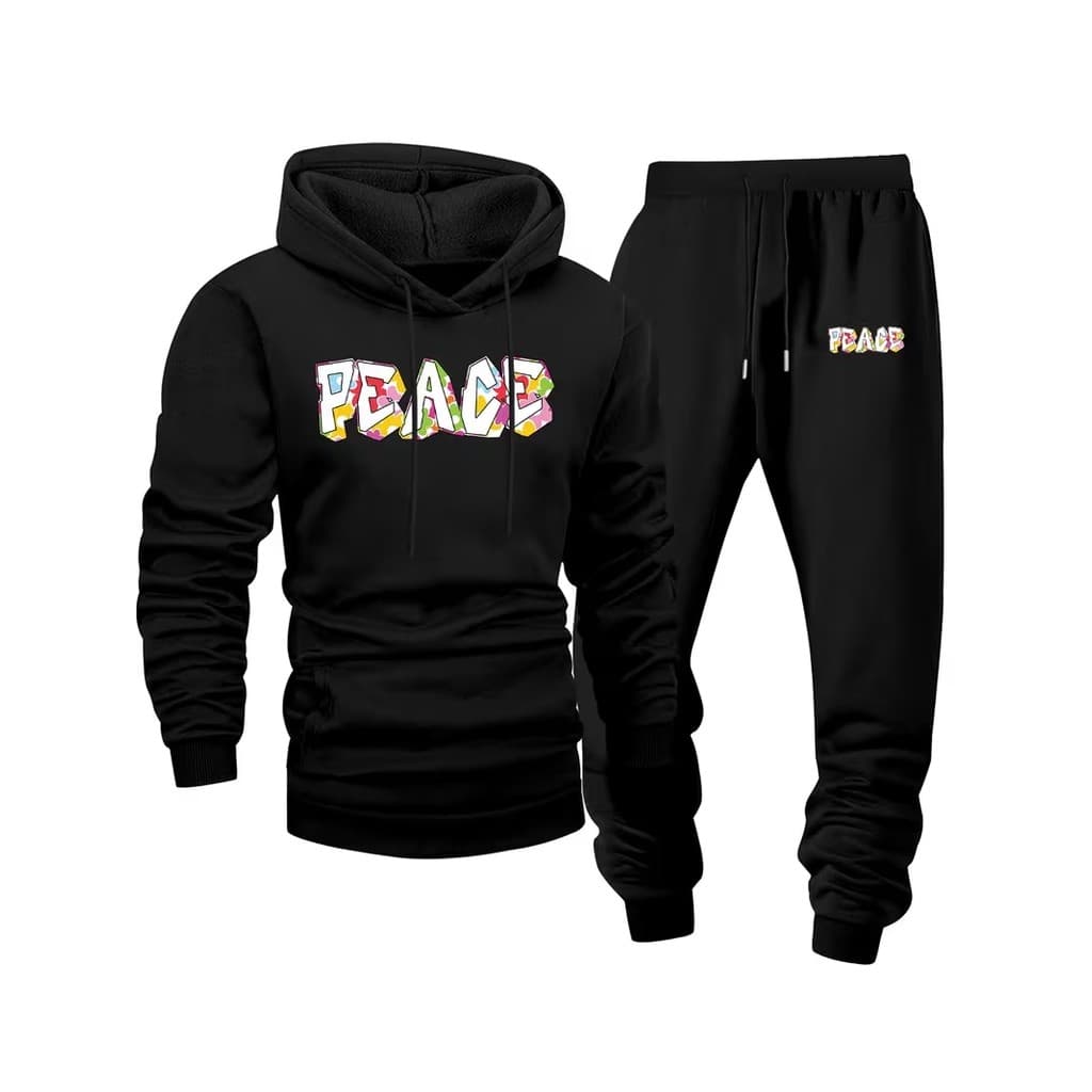 Conjunto Moletom Masculino Peace  Blusa De Frio Canguru Bolso e Capuz + Calça Moletom Estampados Unissex Outono/Inverno