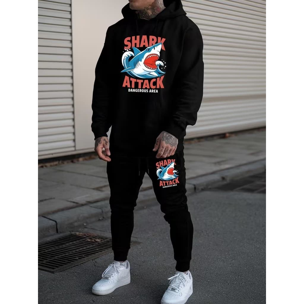 Conjunto Moletom Masculino Shark Blusa De Frio Canguru Bolso e Capuz + Calça Moletom Estampados Unissex Outono/Inverno