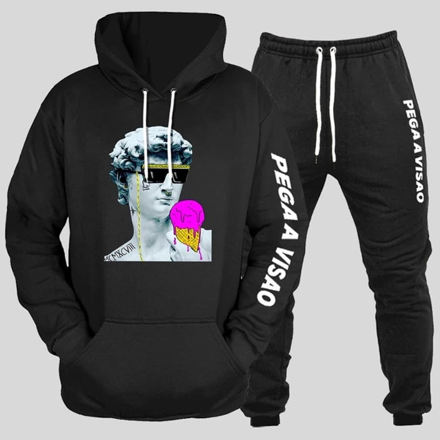 Conjunto Moletom Canguru Masculino Estatua Blusa De Frio + Calça Moletom Estampados Unissex Outono/Inverno