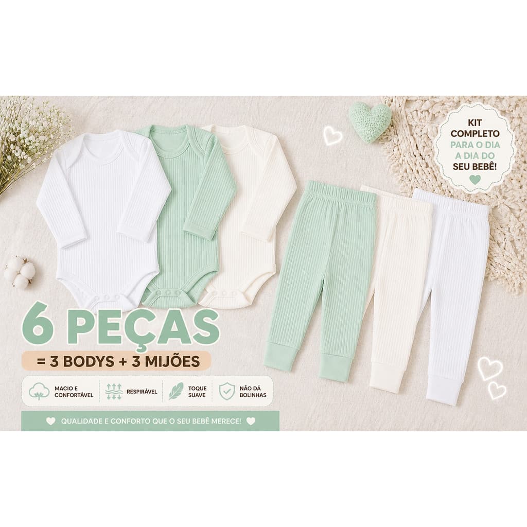 Kit enxoval 6 peças Conjunto Bebê Canelado Manga Longa Body e Calça  Algodão Macio Unissex