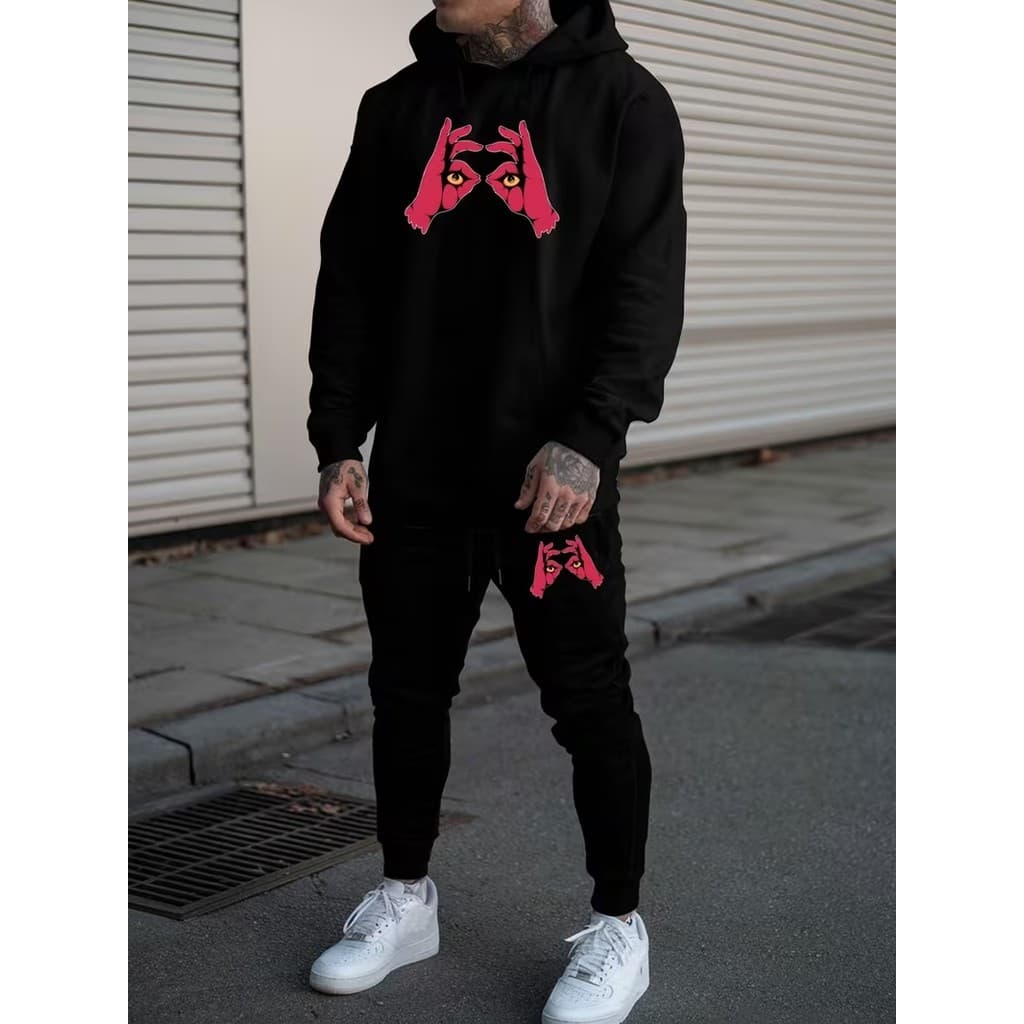 Conjunto Moletom Canguru Masculino Olhos OK Blusa De Frio + Calça Moletom Estampados Unissex Outono/Inverno