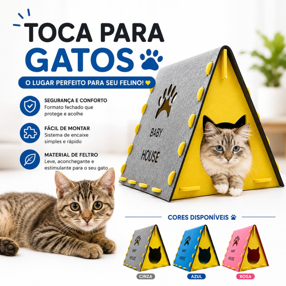 Casa Toca Cama para Gatos Dobrável + Arranhador em Feltro Casinha Pet Confortável Cinza Rosa Azul