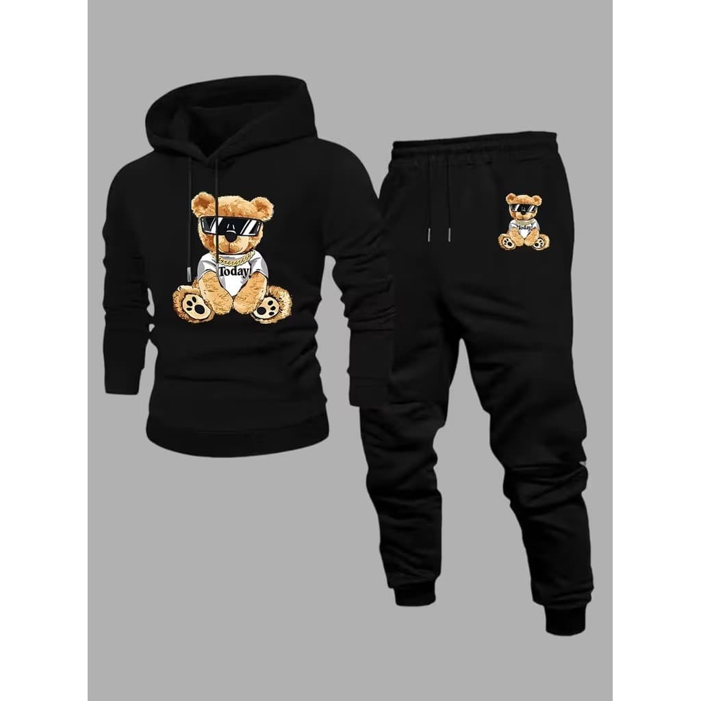 Conjunto Moletom Masculino Urso malandro Blusa De Frio Canguru Bolso e Capuz + Calça Moletom Estampados Outono/Inverno