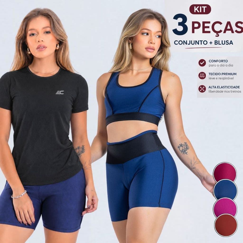 Kit 3 Peças Conjunto Fitness Feminino Roupa Academia + Blusa Camiseta Academia Feminina Dry fit