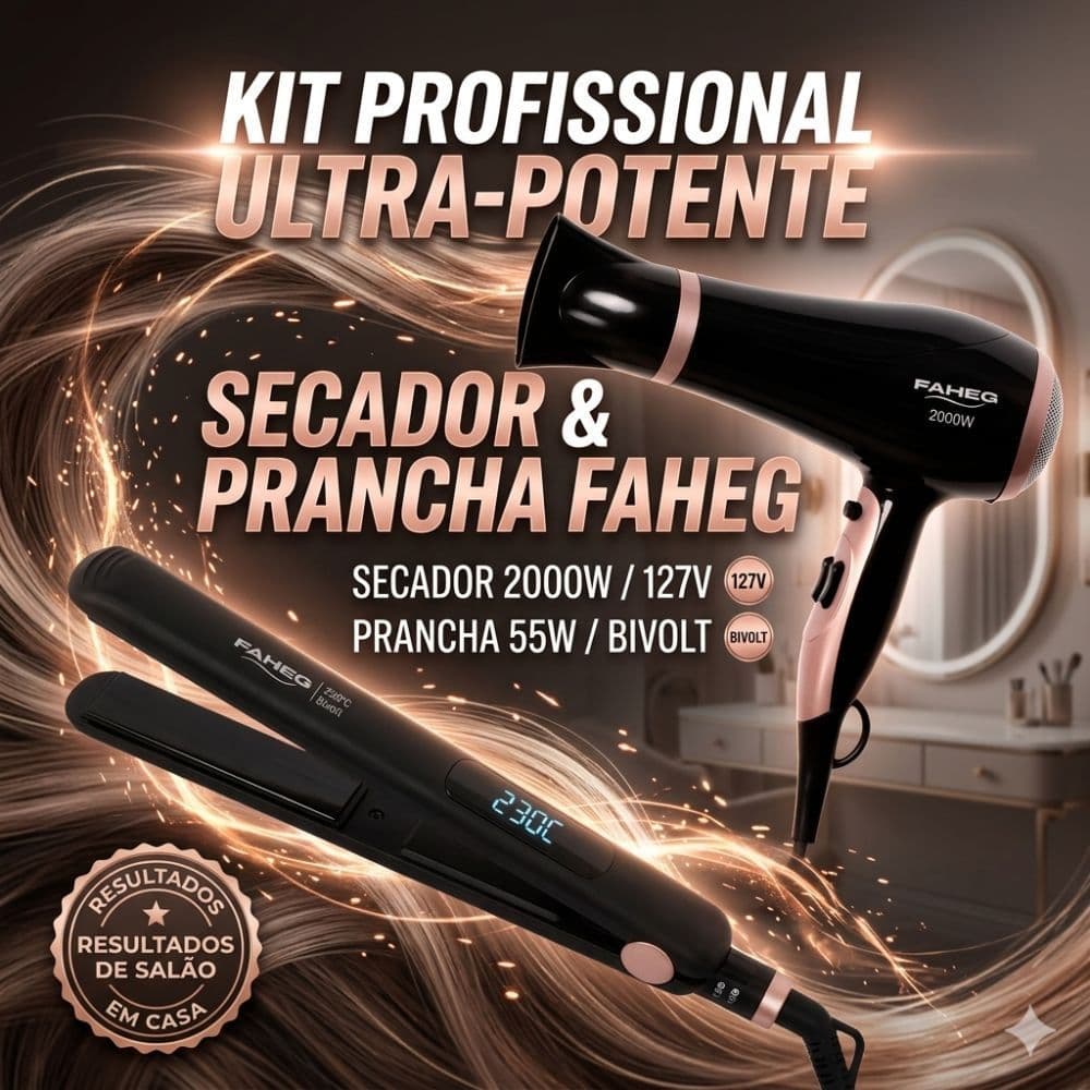 Kit Profissional - Secador De Cabelo 2000w Profissional Potente 127v + Prancha Faheg Chapinha Profissional 55w Bivolt