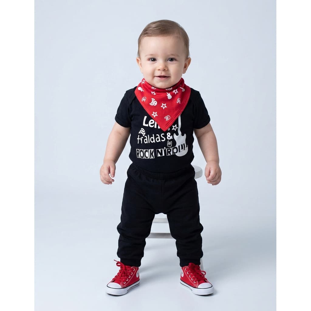 Body Bebê Temático Leite Fralda e Rock N' Roll + Lenço e Calça