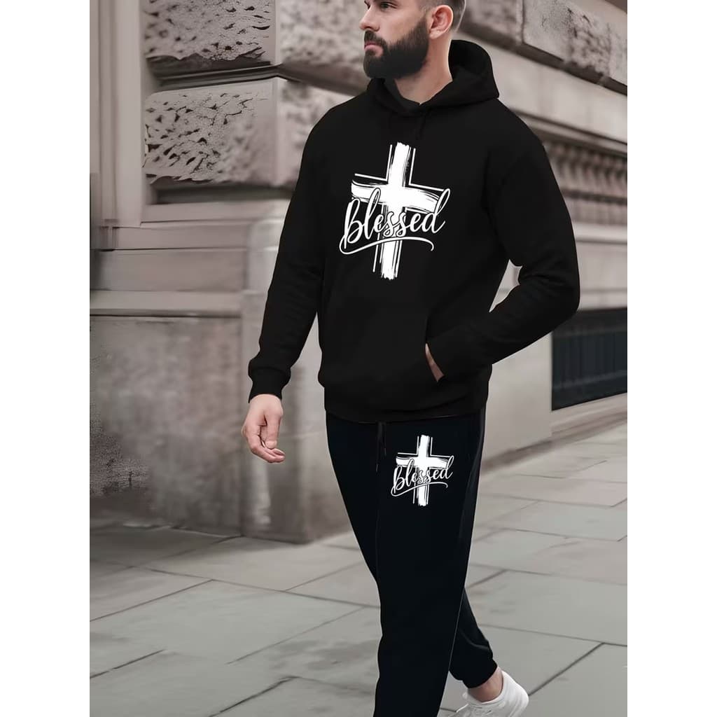 Conjunto Moletom Canguru Masculino Blessed` Blusa De Frio + Calça Moletom Estampados Unissex Outono/Inverno