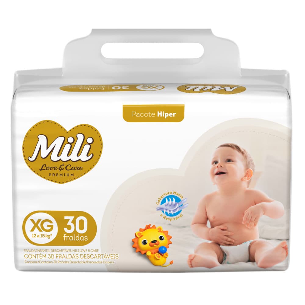Fralda Infantil Mili Love e Care Premium Hiper Tamanho XG com 30 Unidades Descartáveis