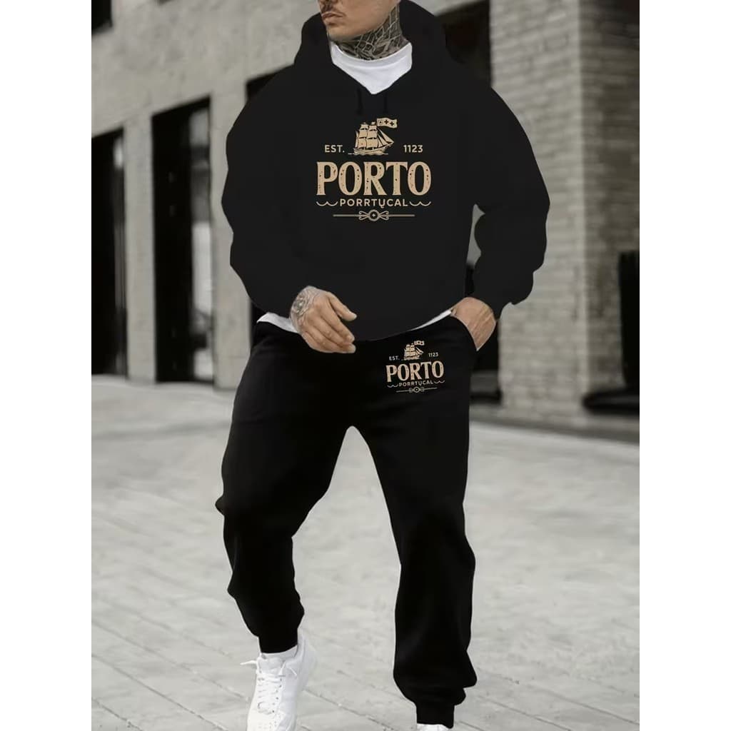 Conjunto Moletom Canguru Masculino Porto Blusa De Frio + Calça Moletom Estampados Unissex Outono/Inverno