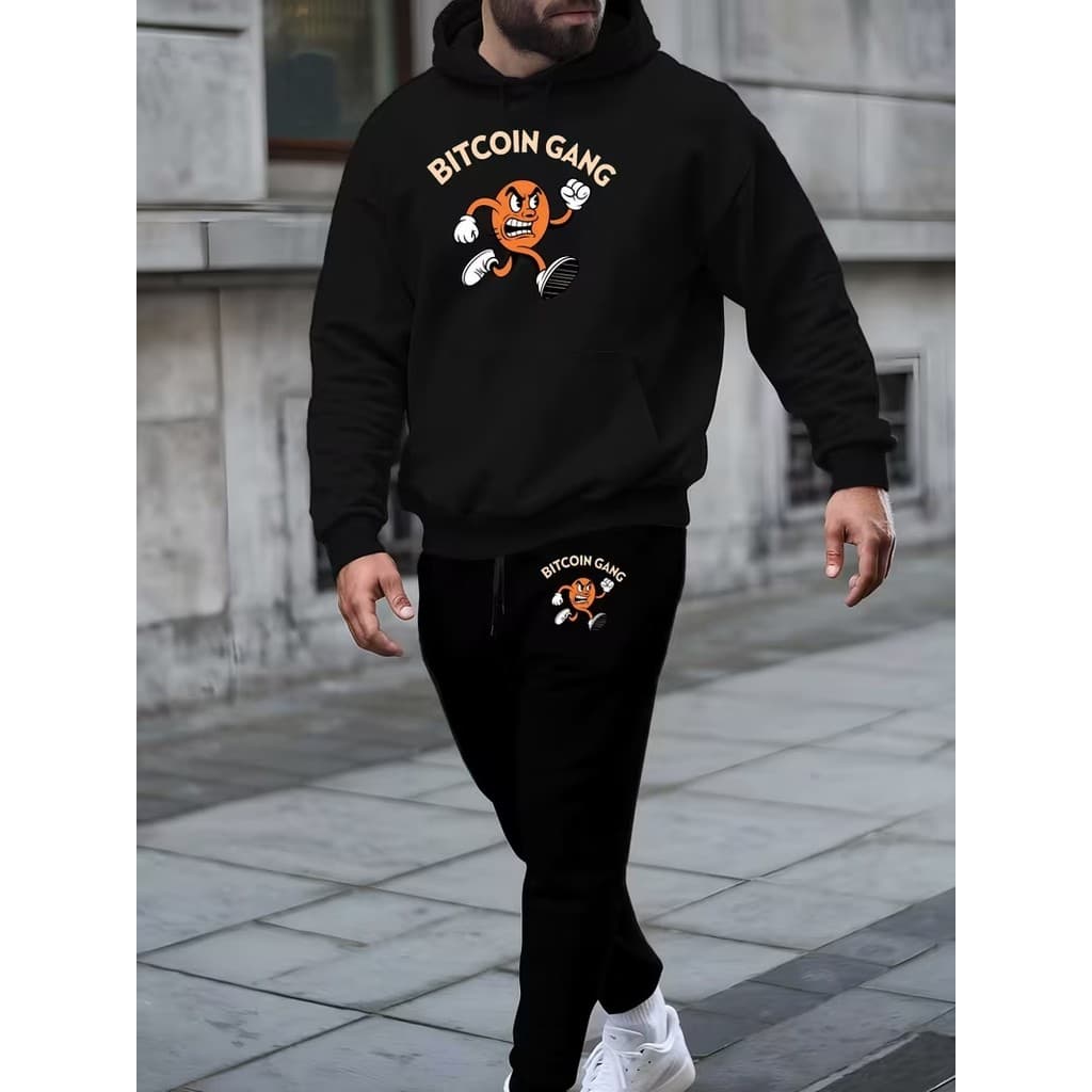 Conjunto Moletom Canguru Masculino Bitcoin Blusa De Frio + Calça Moletom Estampados Unissex Outono/Inverno