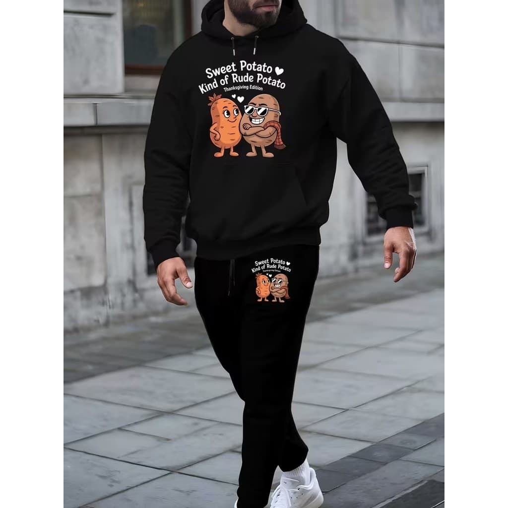 Conjunto Moletom Canguru Masculino Cenoura E Batata Blusa De Frio + Calça Moletom Estampados Unissex Outono/Inverno