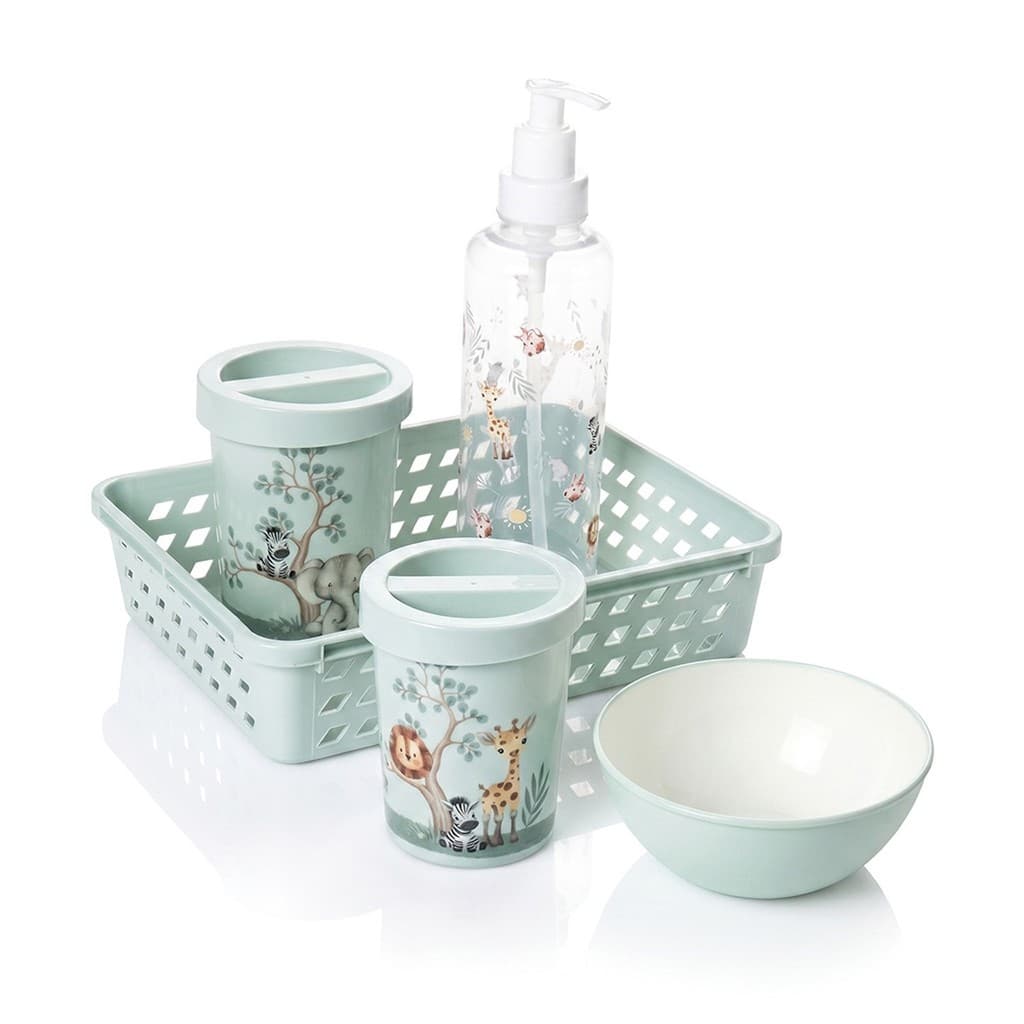 Kit De Organização Bichinhos Verde Com Cesta Dispenser Molhadeira Porta Algodão E Porta Cotonete Plasútil