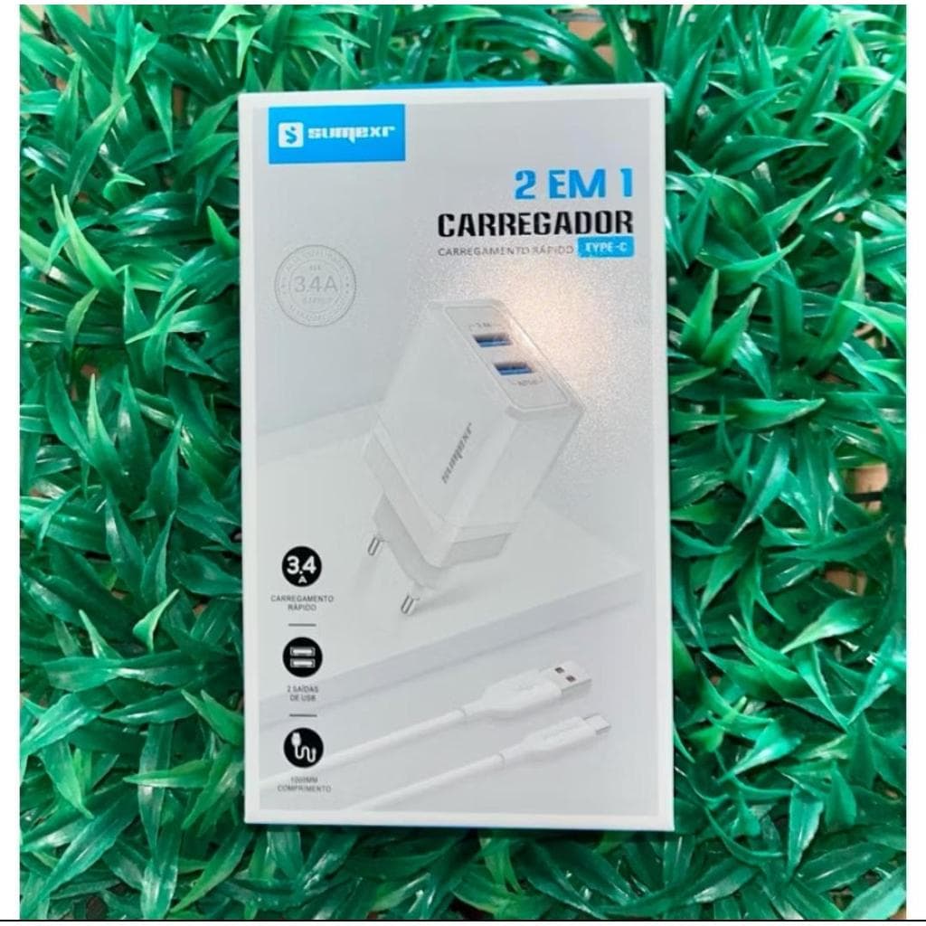Carregador Turbo de Celular Portátil Usb 3.4A Tipo-C ,CARREGADOR RAPIDO 2 SAIDAS DE USB 1000MM