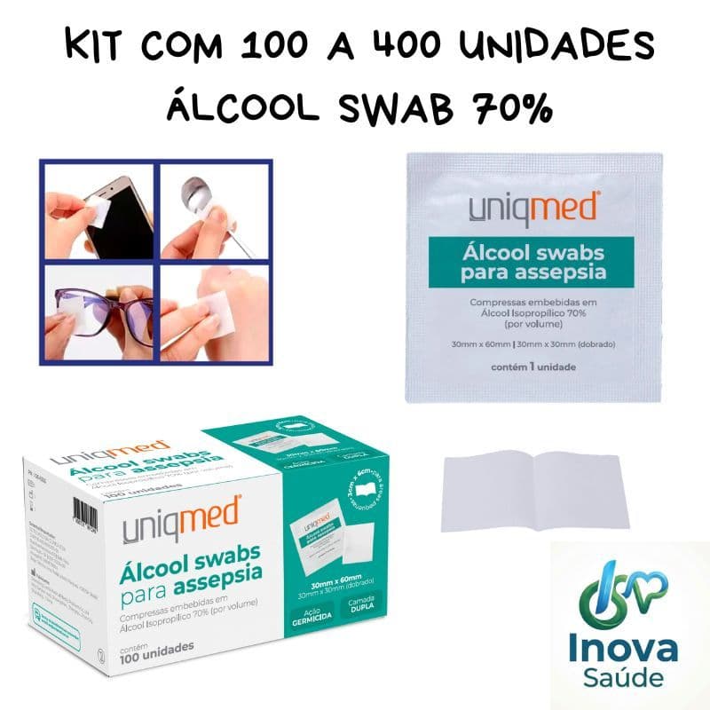 Álcool Swab 70% UniqMed kit com 100 a 400 Unidades