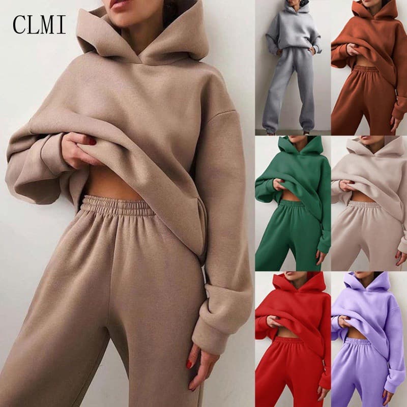 Conjunto de 2 Peças para Mulheres: Moletom com Capuz de Fleece e Calças Jogger, Moletom Solto, Roupas Casuais Elegantes 
