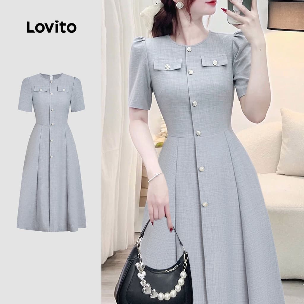 Vestido Feminino Lovito Midi Elegante Nacional Azul Primavera/verão Feminino com Botão Frontal Bolso Falso L182LD046