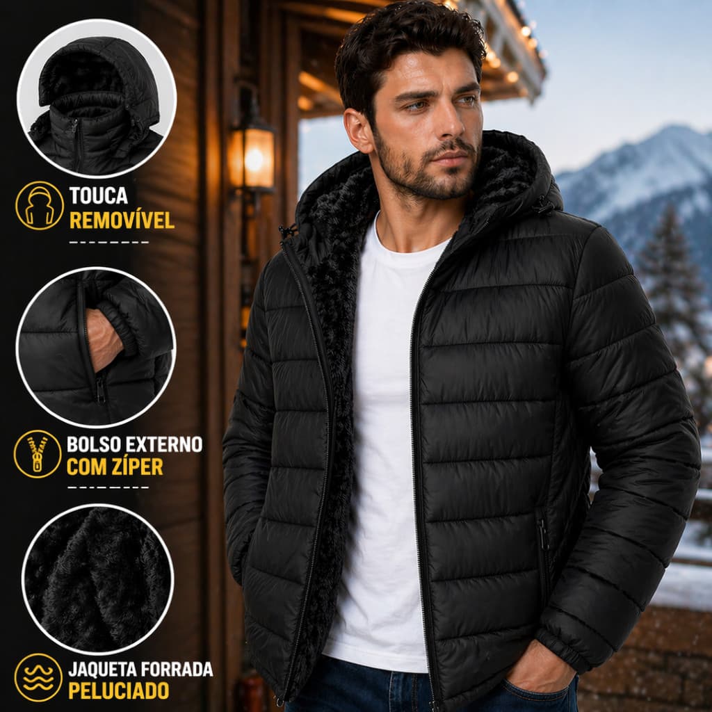 Jaqueta Puffer Bobojaco Masculina Forrada Peluciada Capuz Removível Corta Vento Blusa Inverno Frio Confortável Estilosa