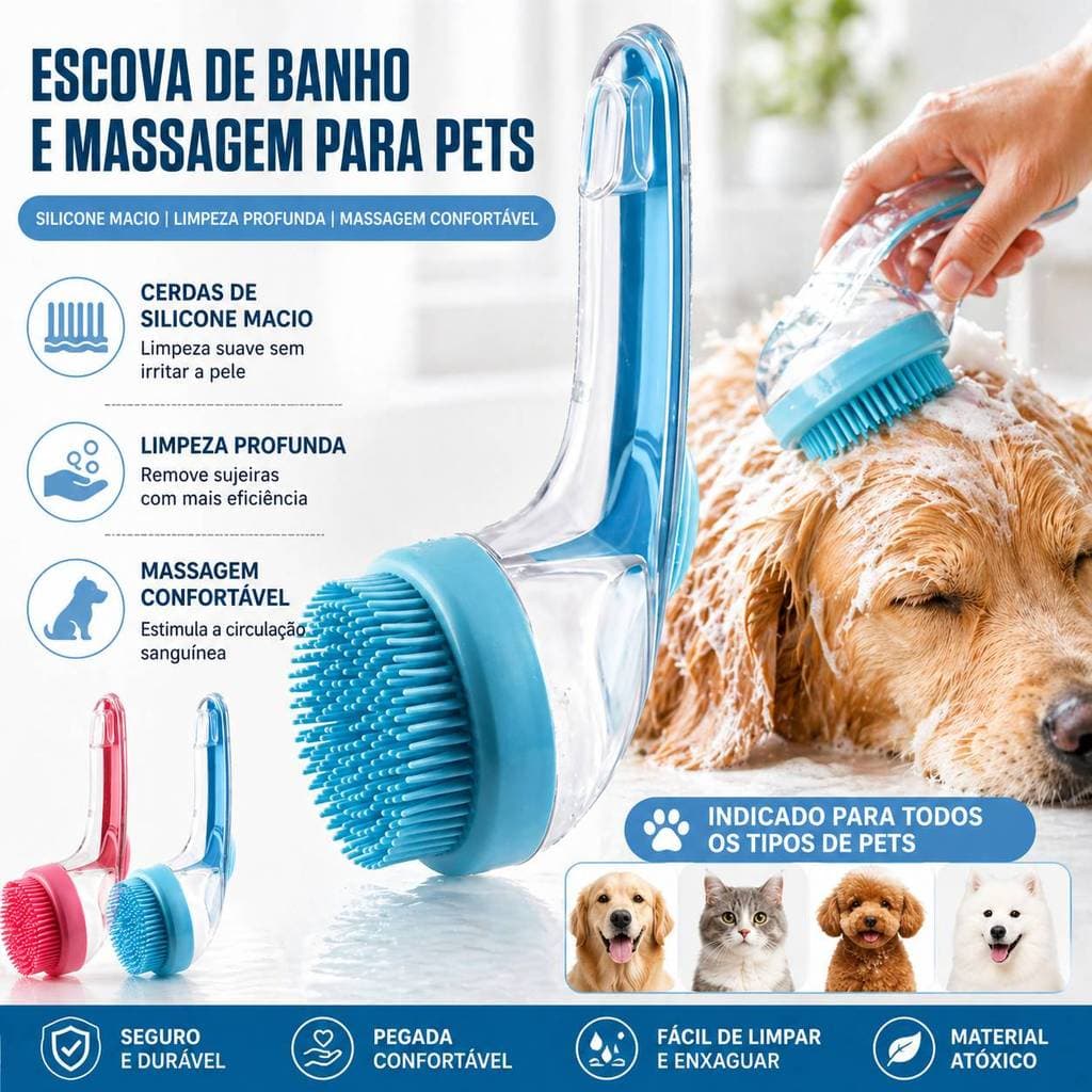 Escova de Banho Pet com Reservatório de Shampoo Silicone Macio Massageador para Cães e Gatos Anti Queda de Pelos