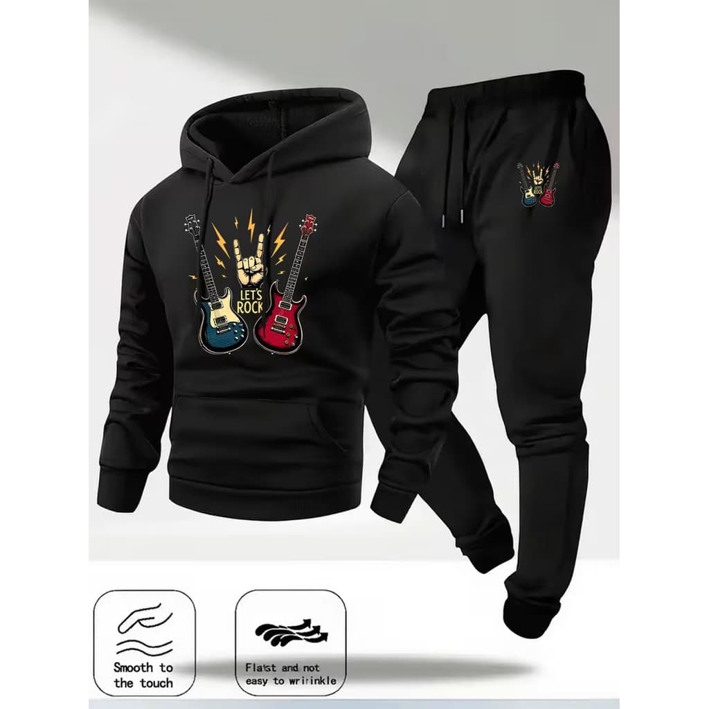 Conjunto Moletom Canguru Masculino Guitarra Blusa De Frio + Calça Moletom Estampados Unissex Outono/Inverno