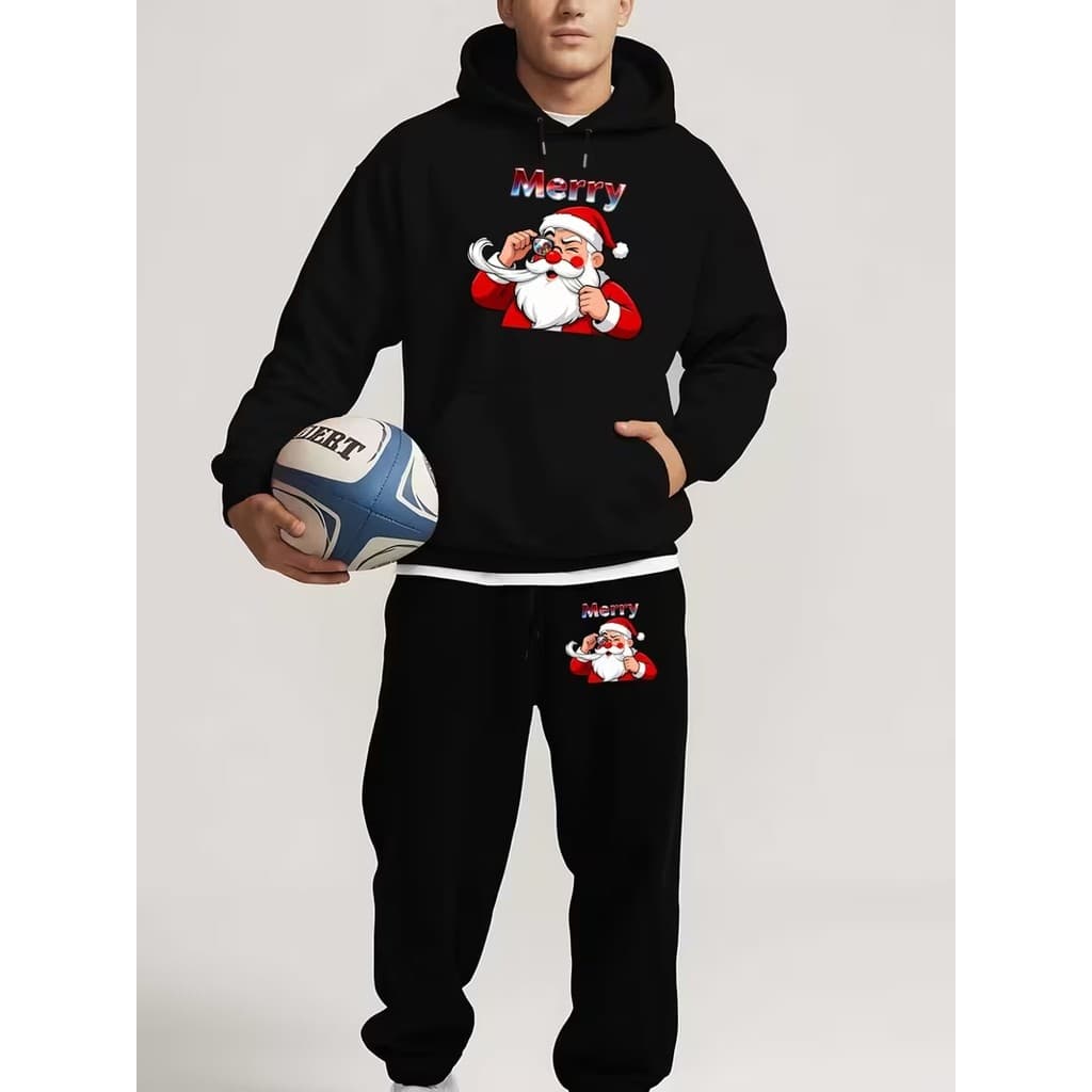 Conjunto Moletom Canguru Masculino Papai Noel Blusa De Frio + Calça Moletom Estampados Unissex Outono/Inverno