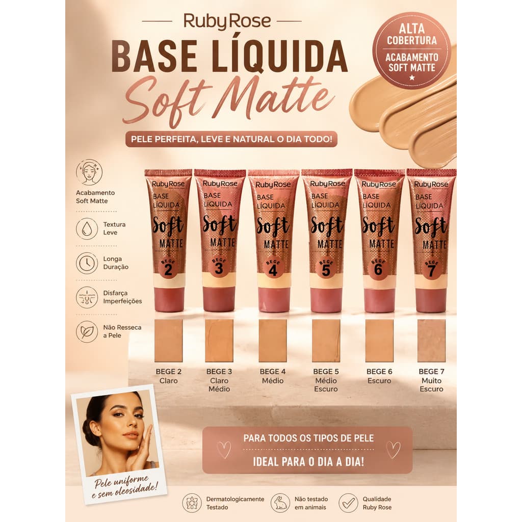 Base Líquida Ruby Rose Soft Matte HB-8050 Bege – Alta Cobertura, Toque Aveludado e Longa Duração