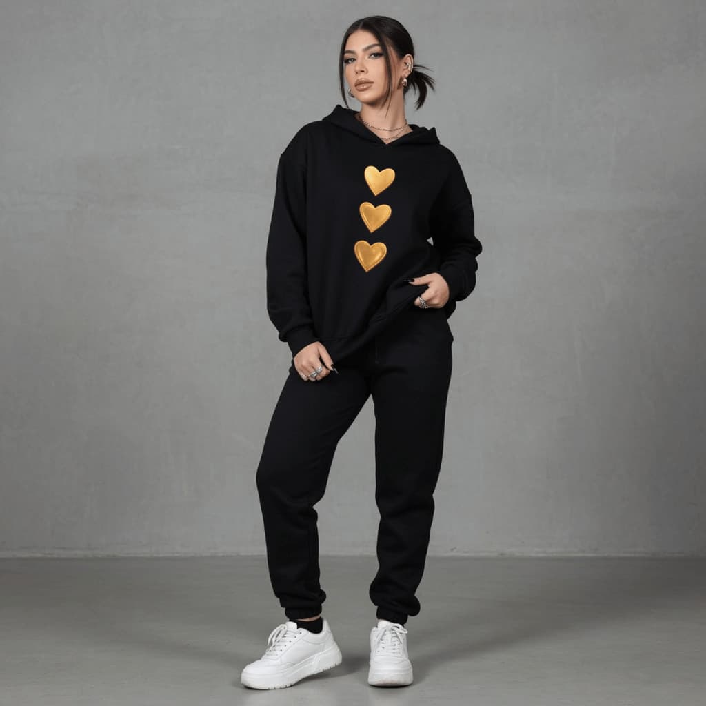 Conjunto Feminino de Moletom Canguru Calça Kit Estampada Coração Dourado 100% Algodão Blusa De Frio Capuz Cadarço Bolso