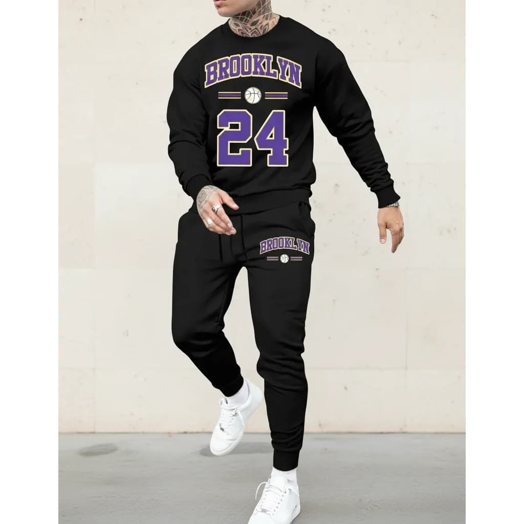 Conjunto Moletom Careca Masculino Brooklyn 24 Blusa De Frio + Calça Moletom Estampados Unissex Outono/Inverno