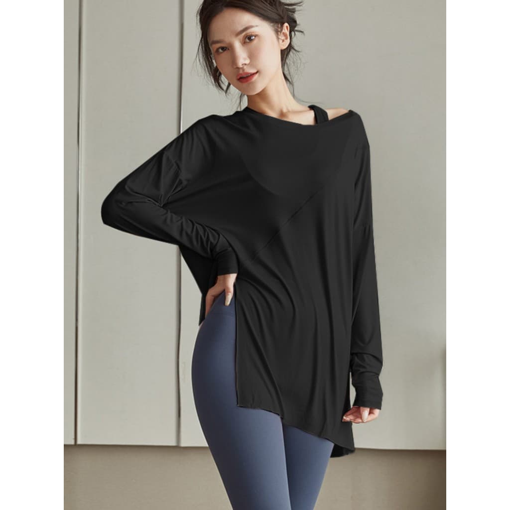 Alta aparência fenda lateral esportes topo feminino solto Hip-cobrindo roupas de corrida roupas de Fitness blusa de mang