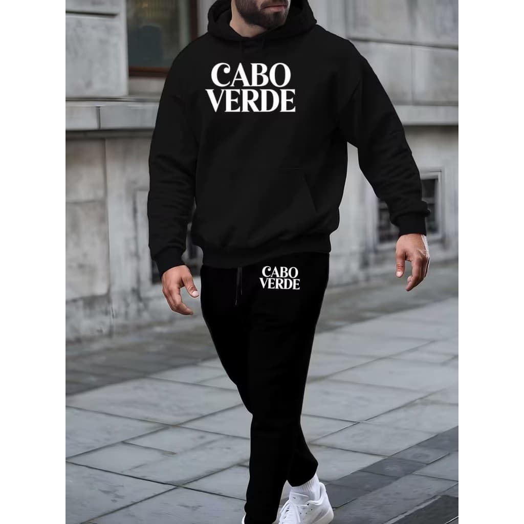Conjunto Moletom Masculino Cabo verde Blusa De Frio Canguru Bolso e Capuz + Calça Moletom Estampado Outono/Inverno