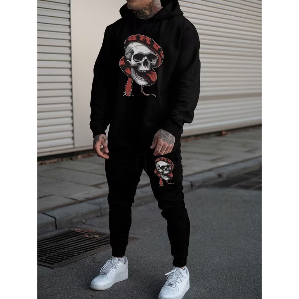 Conjunto Moletom Canguru Masculino Caveira E Cobra Blusa De Frio + Calça Moletom Estampados Unissex Outono/Inverno