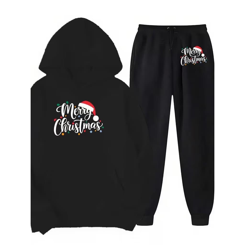 Conjunto Moletom Canguru Masculino Feliz Natal Blusa De Frio + Calça Moletom Estampados Unissex Outono/Inverno