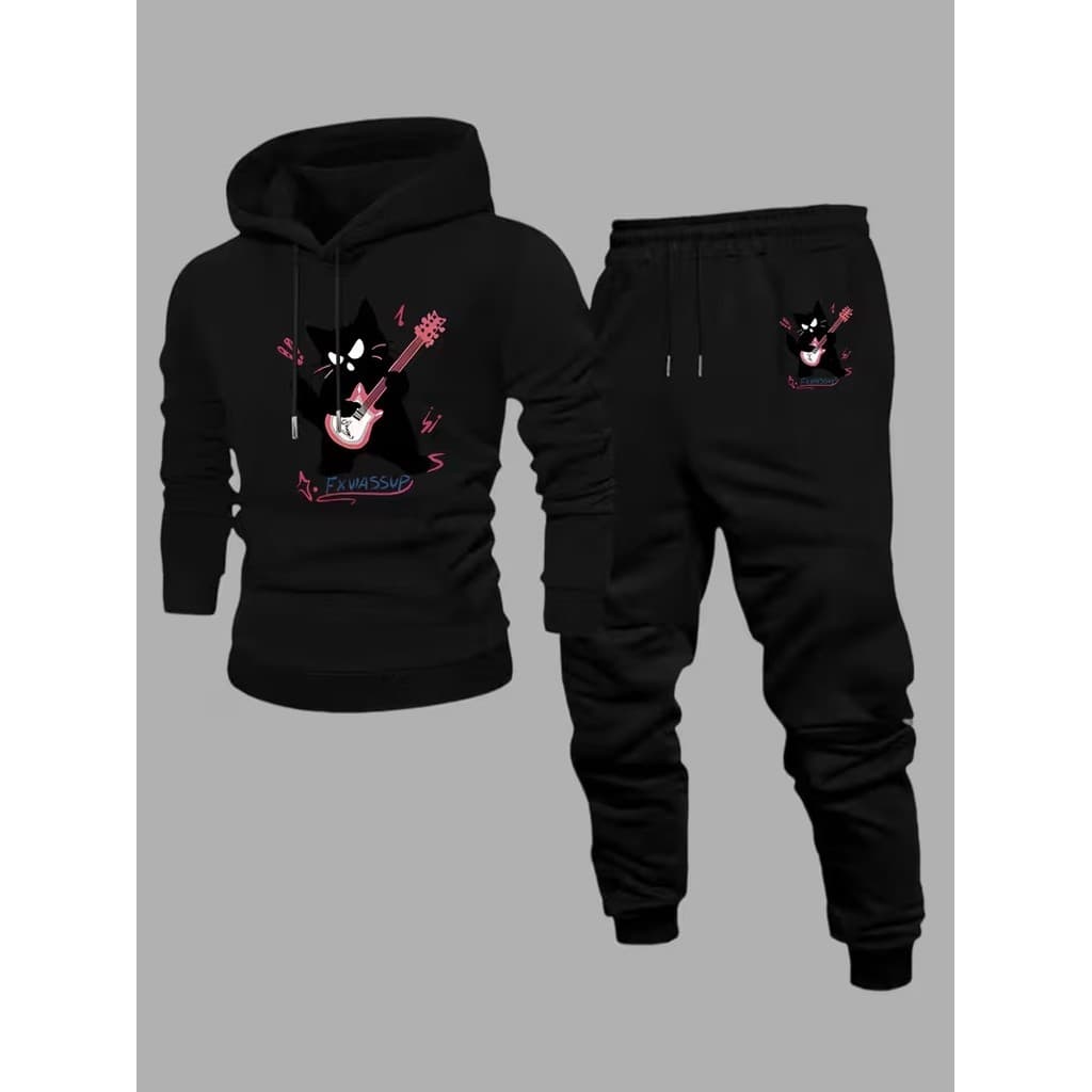 Conjunto Moletom Canguru Masculino Gato e Guitarra Blusa De Frio + Calça Moletom Estampados Unissex Outono/Inverno